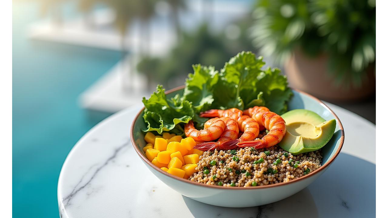 Healthy and colorful plant-based meal on a table with a view of Miami skyline